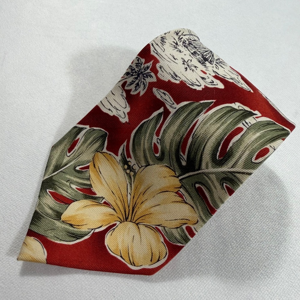 Tommy Bahama Silk Tie Red Floral Palm Tree Island Vacation Necktie 60"x4"